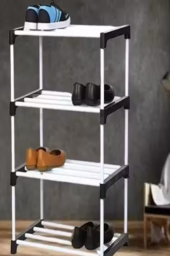Portable shoe rack for home storage, Easy to Move & Assemble (PVC and Plastic Rack) (Black, 4-Shelves)
