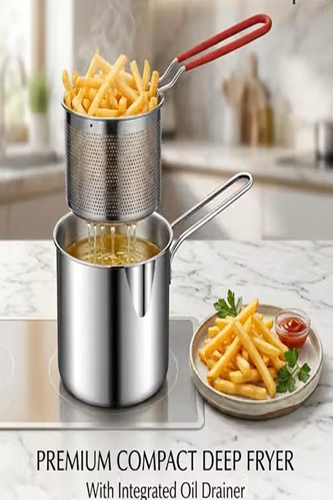 Stainless Steel Deep Frying Pot with Basket – 1200ml Oil Fryer Pot with Strainer Basket & Pour Spout | Small Frying Pot for Fries, Snacks, Tempura, Momos (1 PCS)