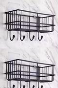 (PACK OF 2) Steel Self-Adhesive Multipurpose Bathroom Shelf with Hooks/Towel Holder/Rack/Bathroom Accessories-Wall Mount - Pack of 2 (Black,Powder Coated)