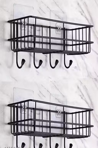 (PACK OF 2) Steel Self-Adhesive Multipurpose Bathroom Shelf with Hooks/Towel Holder/Rack/Bathroom Accessories-Wall Mount - Pack of 2 (Black,Powder Coated)